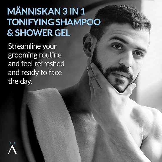 Kaaral Mnniskan 3 in 1 Tonifying Shampoo & Shower Gel, 1000ml - Cleanse Hair, Beard, and Body with Zeolite and Red Sandalwood