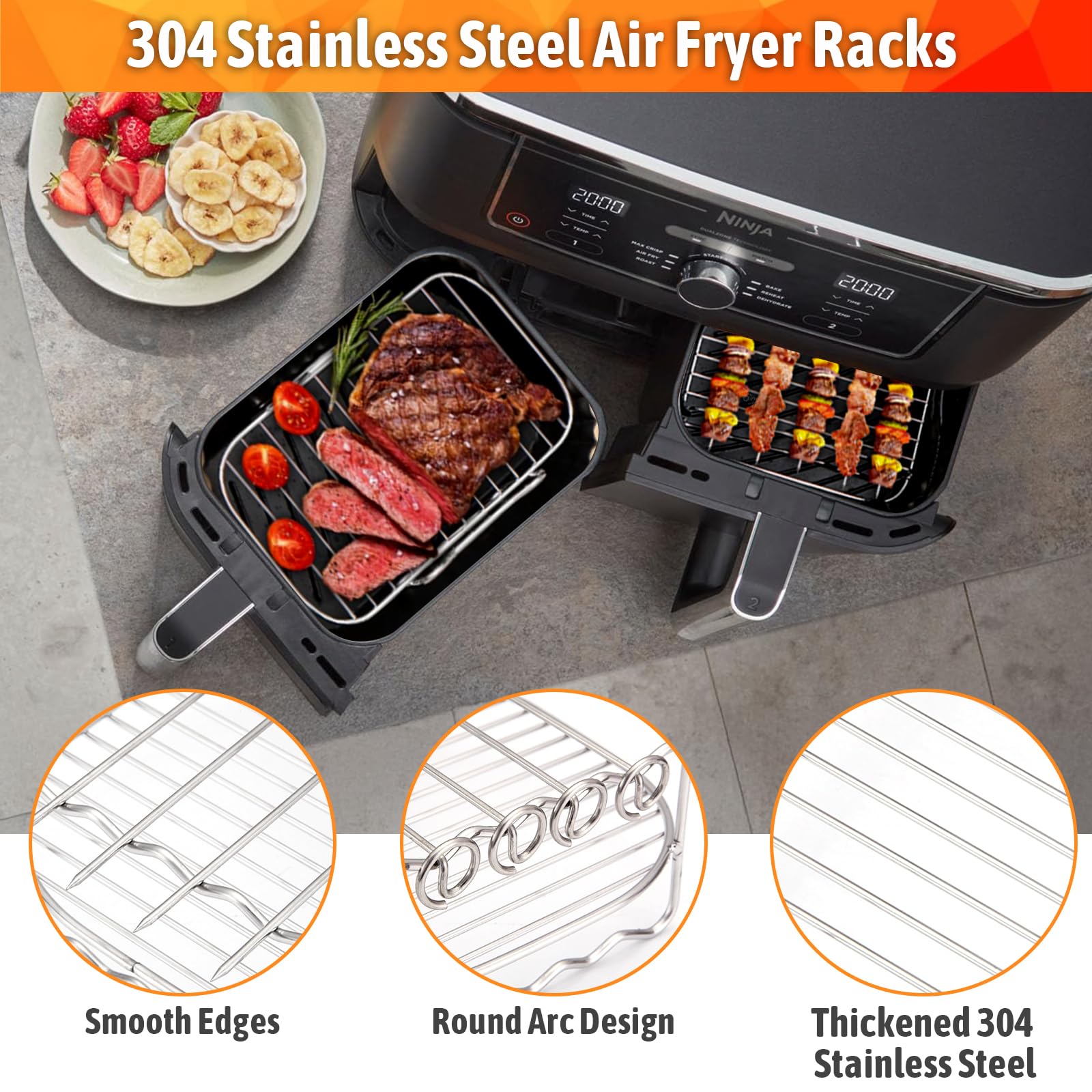 Kit Accessoires Air Fryer 6 Pièces - Grilles & Brochettes Inox 304 Pour Cosori 10L Et Ninja
