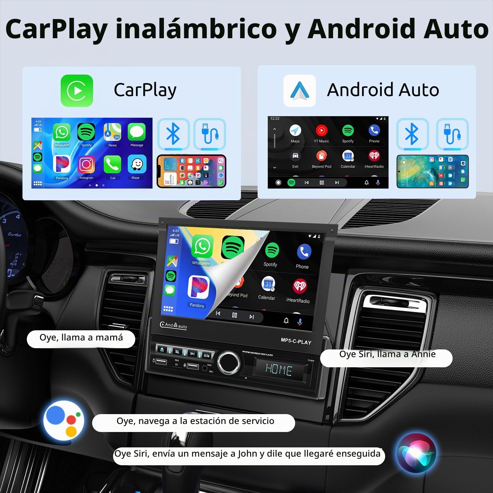 VECHTEL Radio Coche Bluetooth con Carplay Android Auto Inalámbrico, Autoradio 1 DIN con Retráctil Eléctrico Pantalla Táctil de IPS HD 7 Pulgadas Soporte Bluetooth Mirror Link Radio FM 2USB/AUX Cámara