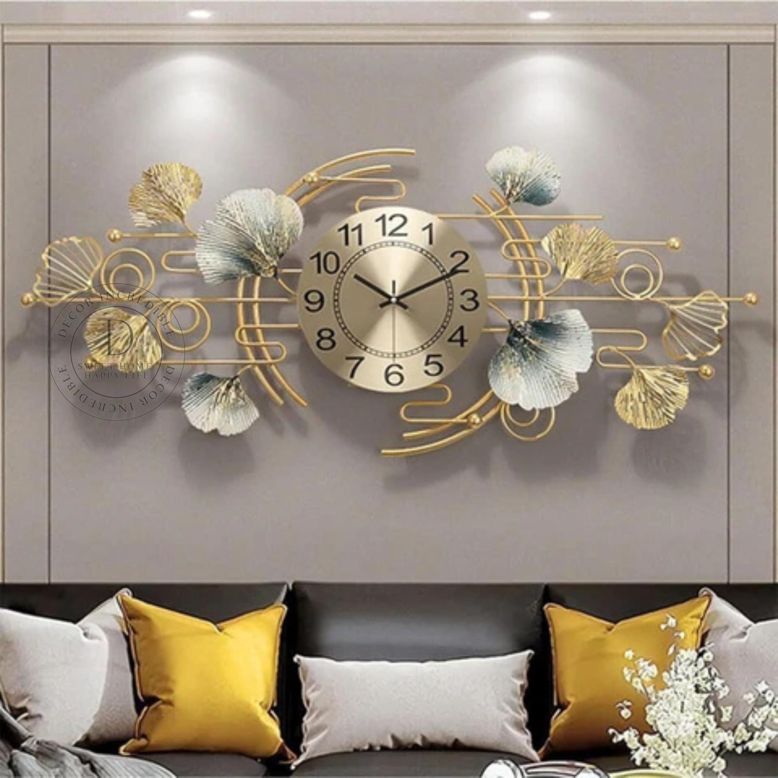 Decor Inredible Decorative Metal Wall Clock with Ginkgo Leaf Design, Gold and White, Large Statement Piece for Living Room and Bedroom 35 Inch-image-44
