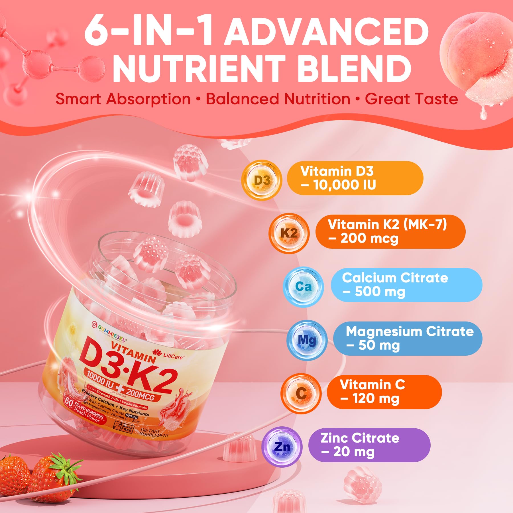Vitamin D3 K2 Gummies 5,000 IU / 10,000 IU, Calcium + Magnesium,Vegan,60Cts — Amazon image 8