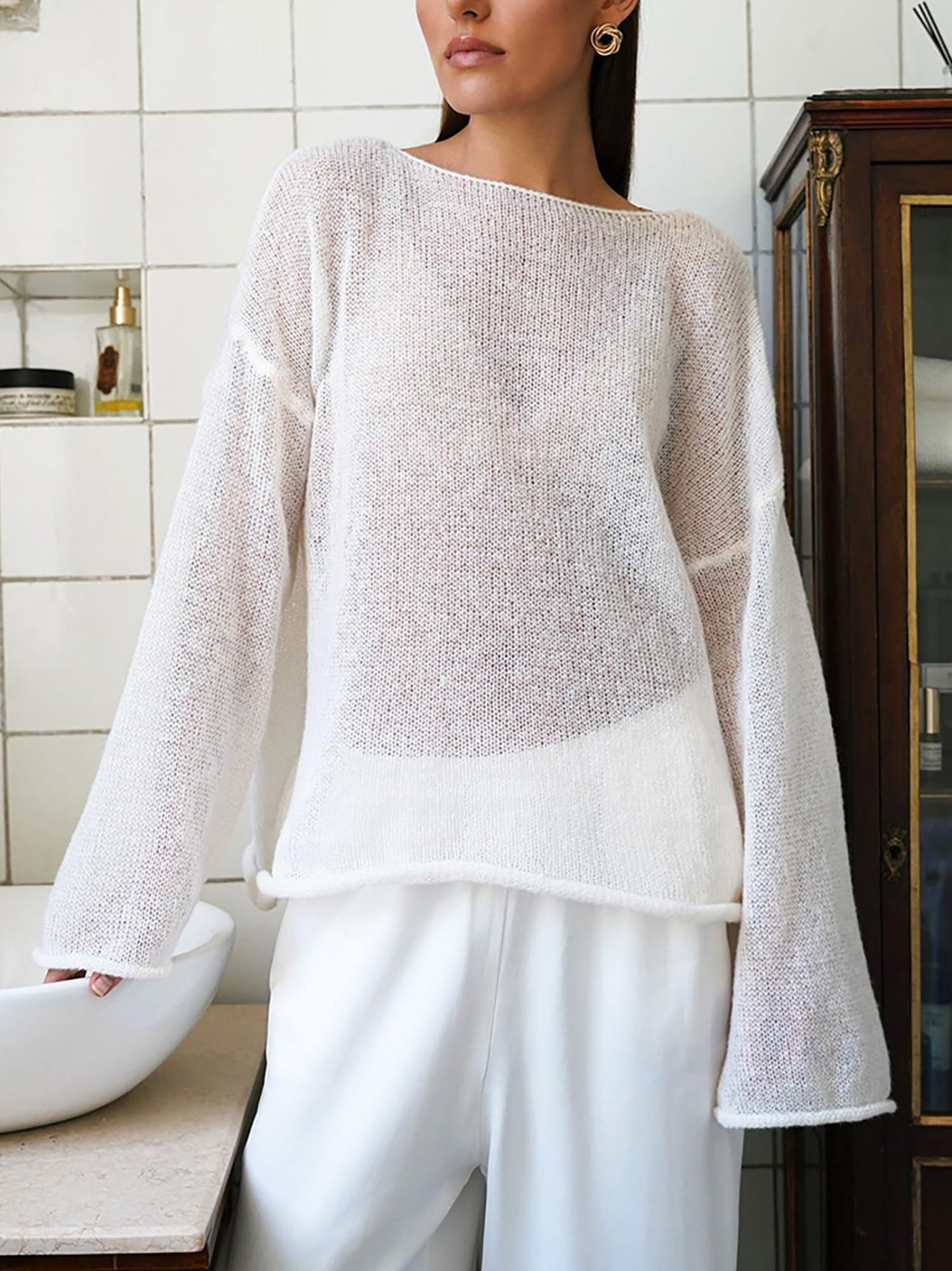 Maglione In Maglia A Rete Trasparente Da Donna, Maglioni Oversize Leggero E Trasparente, Maglione Casual A Maniche Lunghe Con Motivo Traforato