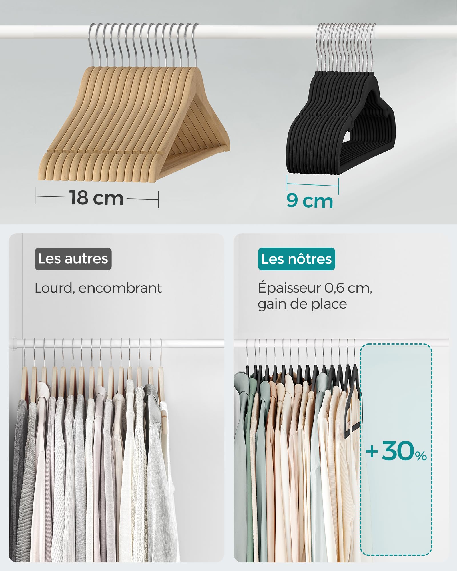 SONGMICS Grucce Appendiabiti in Velluto, 20 Pezzi, Salvaspazio e Antiscivolo, Gancio Girevole a 360°, Spesso 0,6 cm, Largo 41,5 cm, Cappotti Pantaloni, Nero Inchiostro e Argento CRF026B20