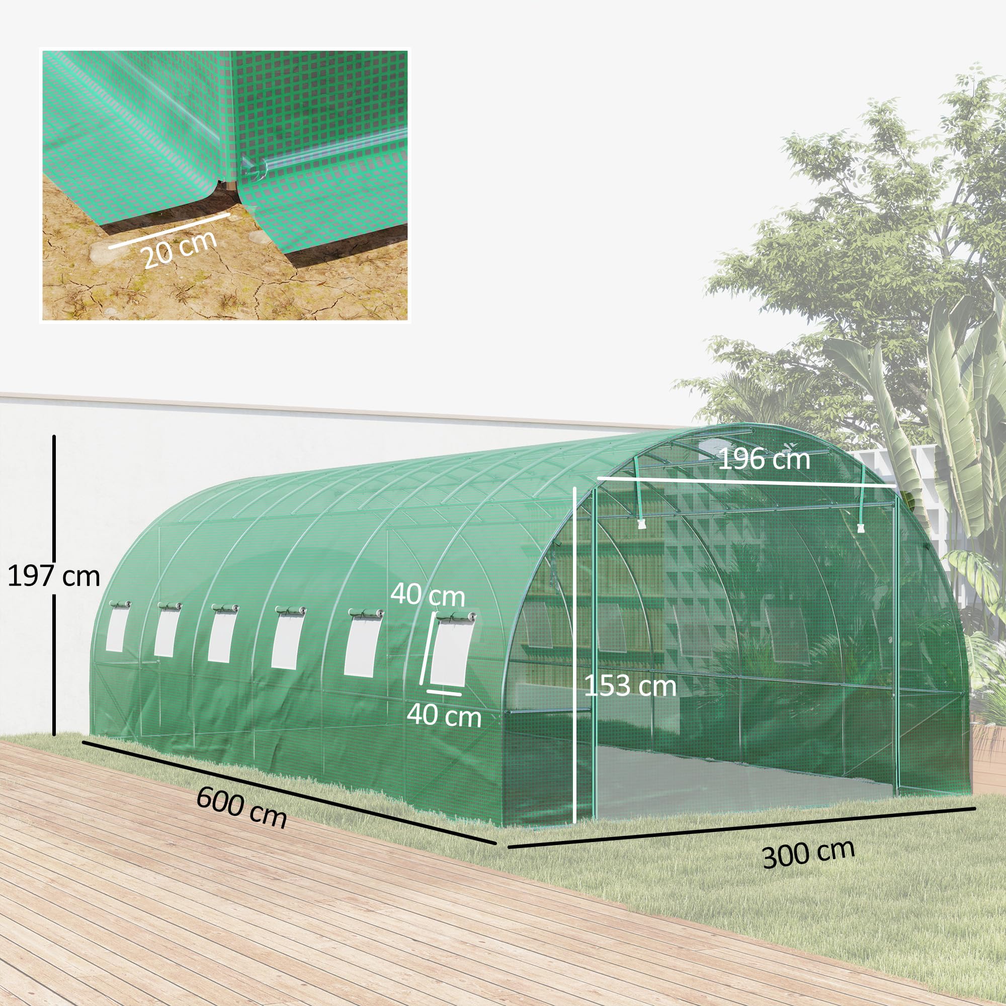 Outsunny Szklarnia 300 x 400 x 200 cm domek na pomidory z drzwiami, 12 okien, zielona | Szklarnia foliowa, tunel foliowy ze stali ocynkowanej, 170 g/m² PE, szklarnia z kotwami i linami