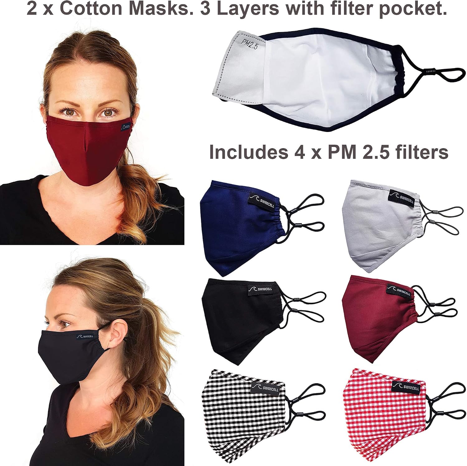 SwimCell Reusable Face Masks for Adults & Kids. 3 Layer Adjustable Face Masks for Glasses Wearers - Image 3