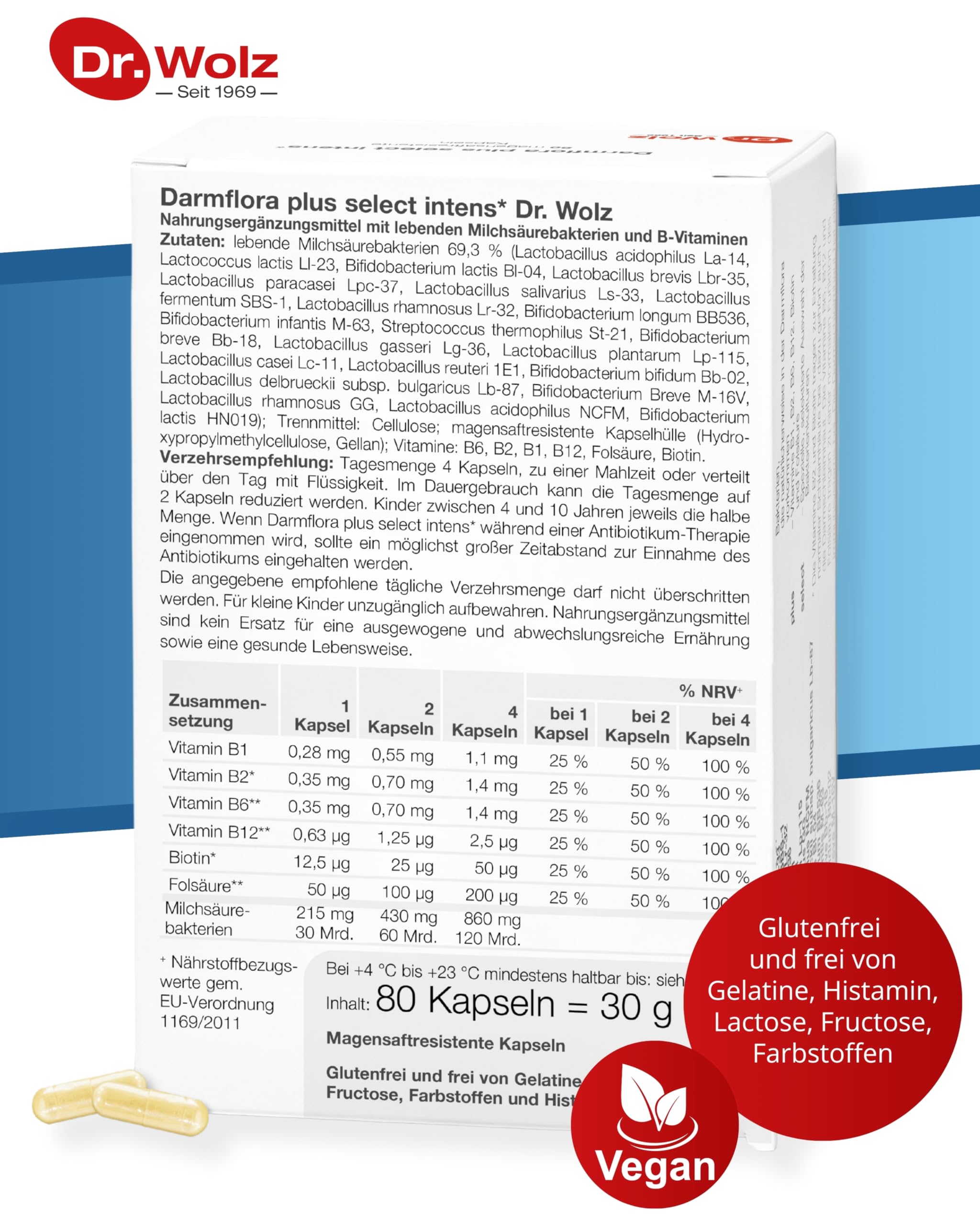 Dr. Wolz Darmflora plus select* - 80 Kapseln hochdosiert - 8 Milchsäurebakterien-Stämme - 48 Mrd Bakterienkulturen pro Tag - Kulturen Komplex für Darmschleimhaut & Immunsystem - Darm-Kur* - vegan