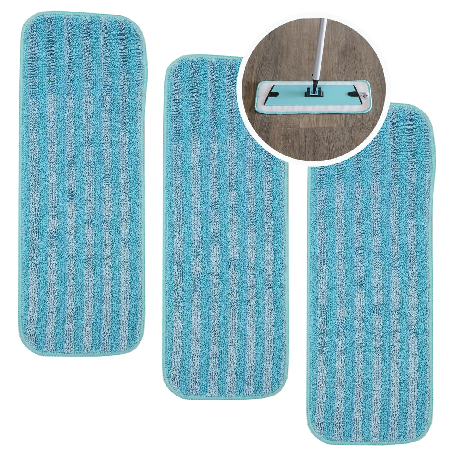 Don Aslett's Microfiber Mop Pad Set of 3 (Aqua) Compatible with 12" Mop Base | Machine Washable | Bathroom or Kitchen | Suitable for All Floor Types