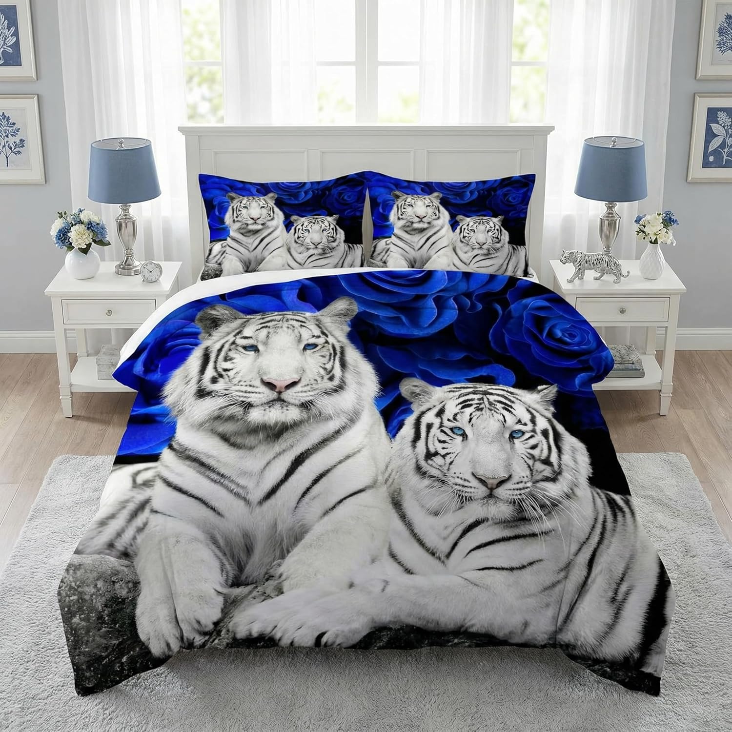 Queen Size Comforter Set with 2 Pillowcases, White Tiger Animal Cat 3 Pcs Bedding for Kids and Adults, Blue Rose Flower Background Soft Comforter Set for Bedroom Bed Decor