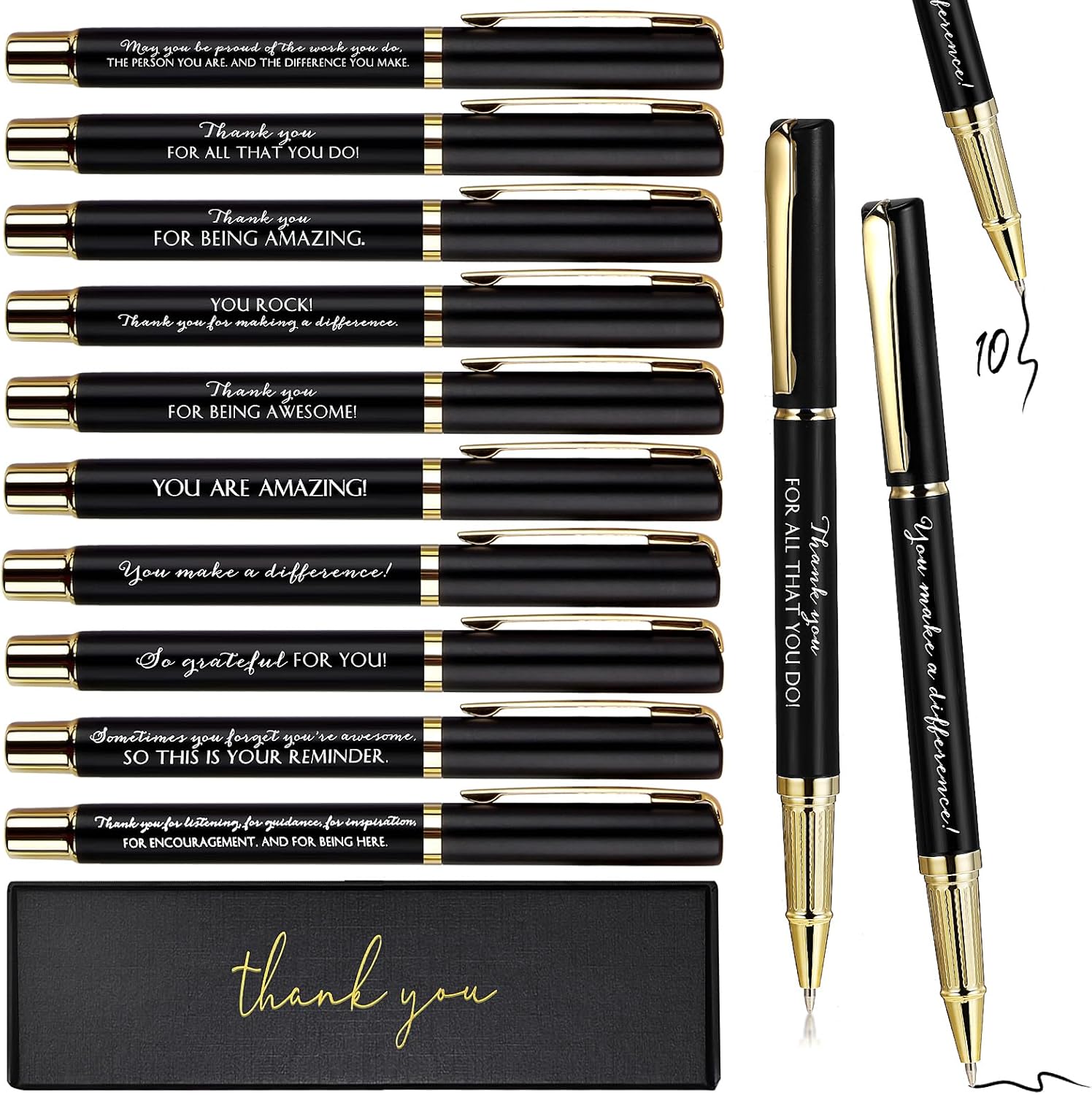 PerKoop 10 Set Thank You Gifts Inspirational Ballpoint Pens with Gift Boxes Bulk Appreciation Party Favors for Employee Coworker Staff Team Friends Office Supplies(Black,Mixed) Incomplete,9 total