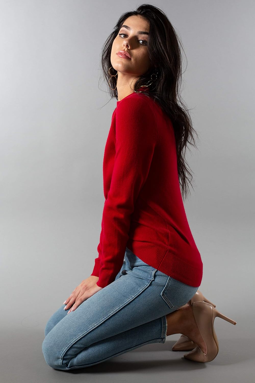 JENNIE LIU Women's 100% Pure Cashmere Crew Neck Sweater, Tight Knit Cozy Soft Hand Washable Long Sleeve Pullover - Image 4