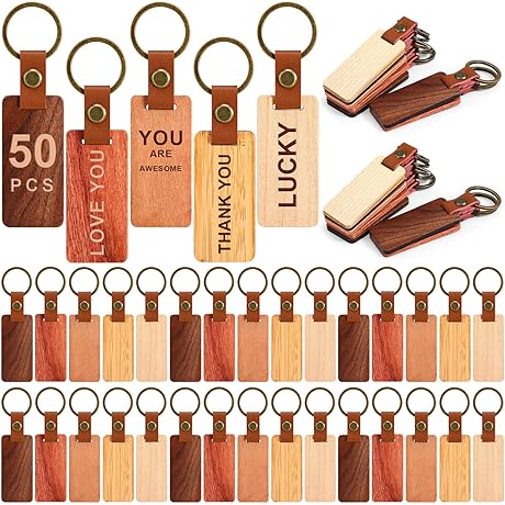 Sasylvia 50 Pcs Leather Wood Keychain Blanks
