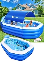 StarOcean Inflatable Family Pool with Removable Canopy - 118x75x22 Large Blow Up Pool for Kids Adults, Ocean Theme Seats Backrest Dark Blue