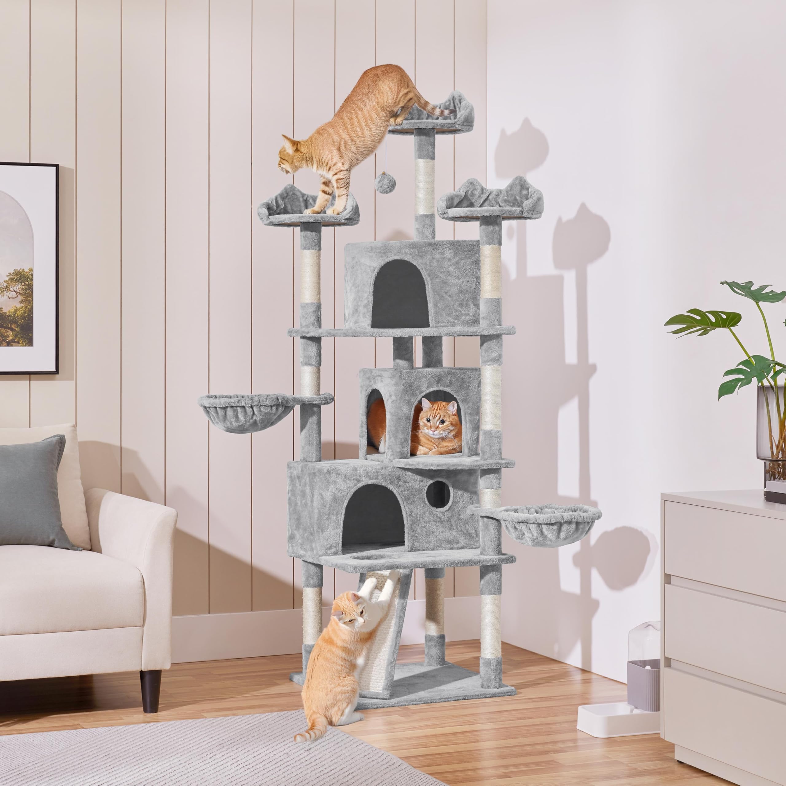 Abician Arbre à Chat Tour d'escalade 194 cm XXL, avec 3 Niches/3 Plateformes/2 Paniers/10 Poteaux en Sisal/Perchoirs, Multiniveau, Intérieur, pour 3-4 Chats, Gris Clair