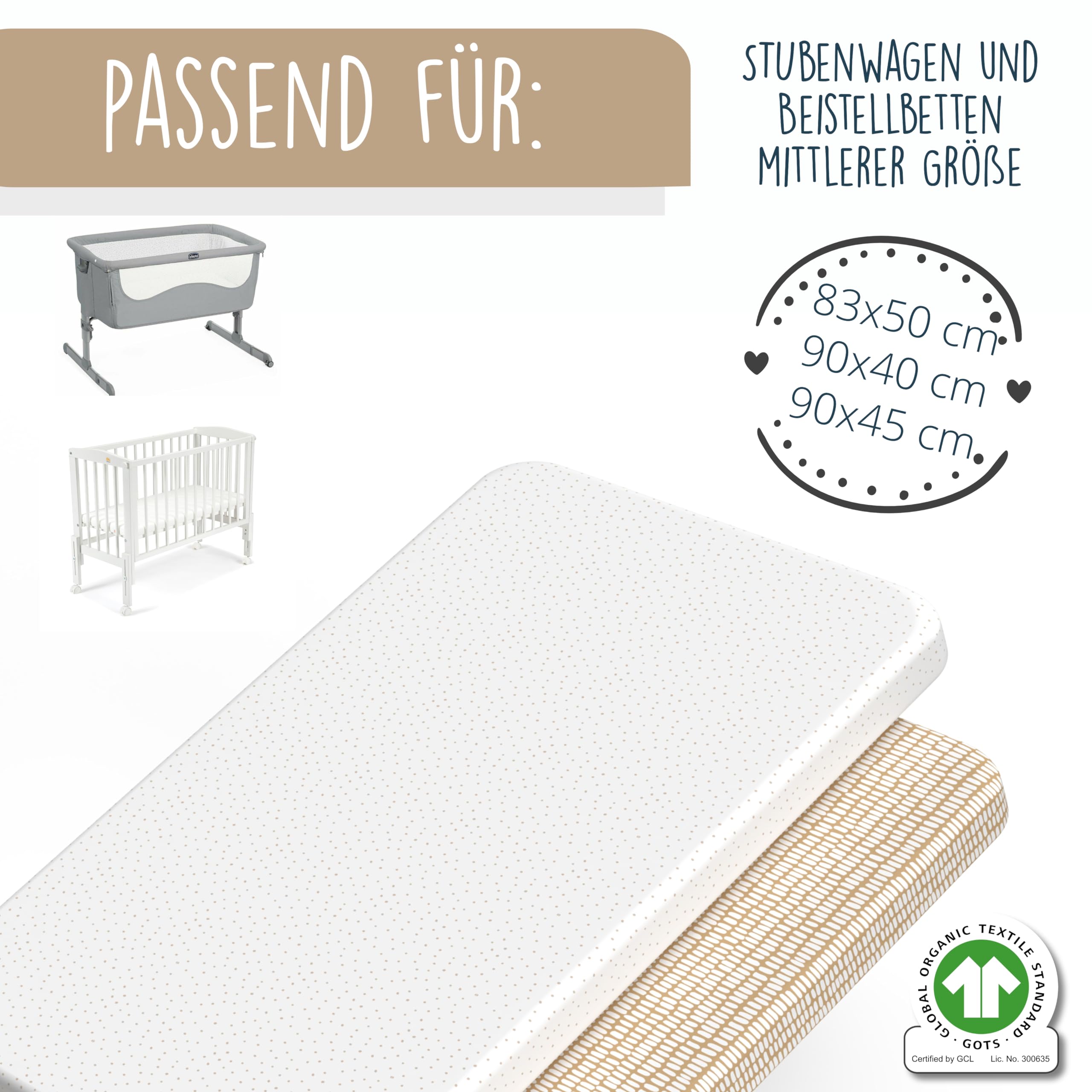mimaDu Lenzuolo con angoli elasticizzati per passeggino | coprimaterasso culla | 100% cotone biologico 90x40 90x45 80x50 80x53cm (Sabbia)