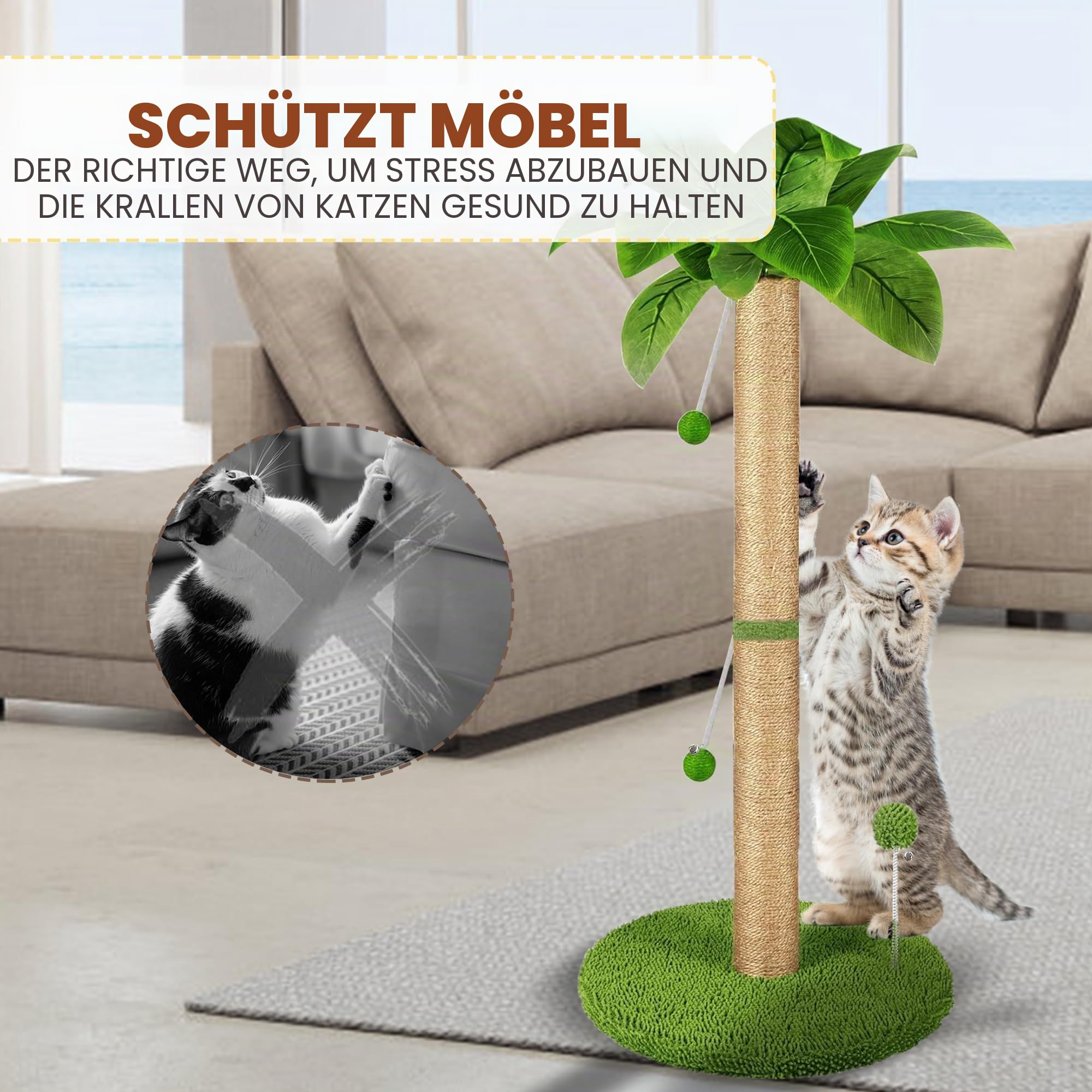 Kratzbaum für Katzen, 82 cm hoch, mit Premium-Sisalseil, zwei interaktiven baumelnden Bällen und Federballspielzeug für Indoor-Kätzchen und Katzen