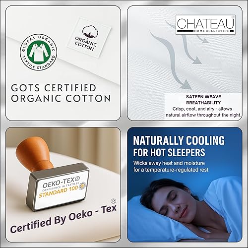 Miniatura 4 de Juego de sábanas y fundas de almohada de 100 % algodón orgánico tamaño king, tejido satinado de lujo de 300 hilos, 4 piezas con bolsillo profundo