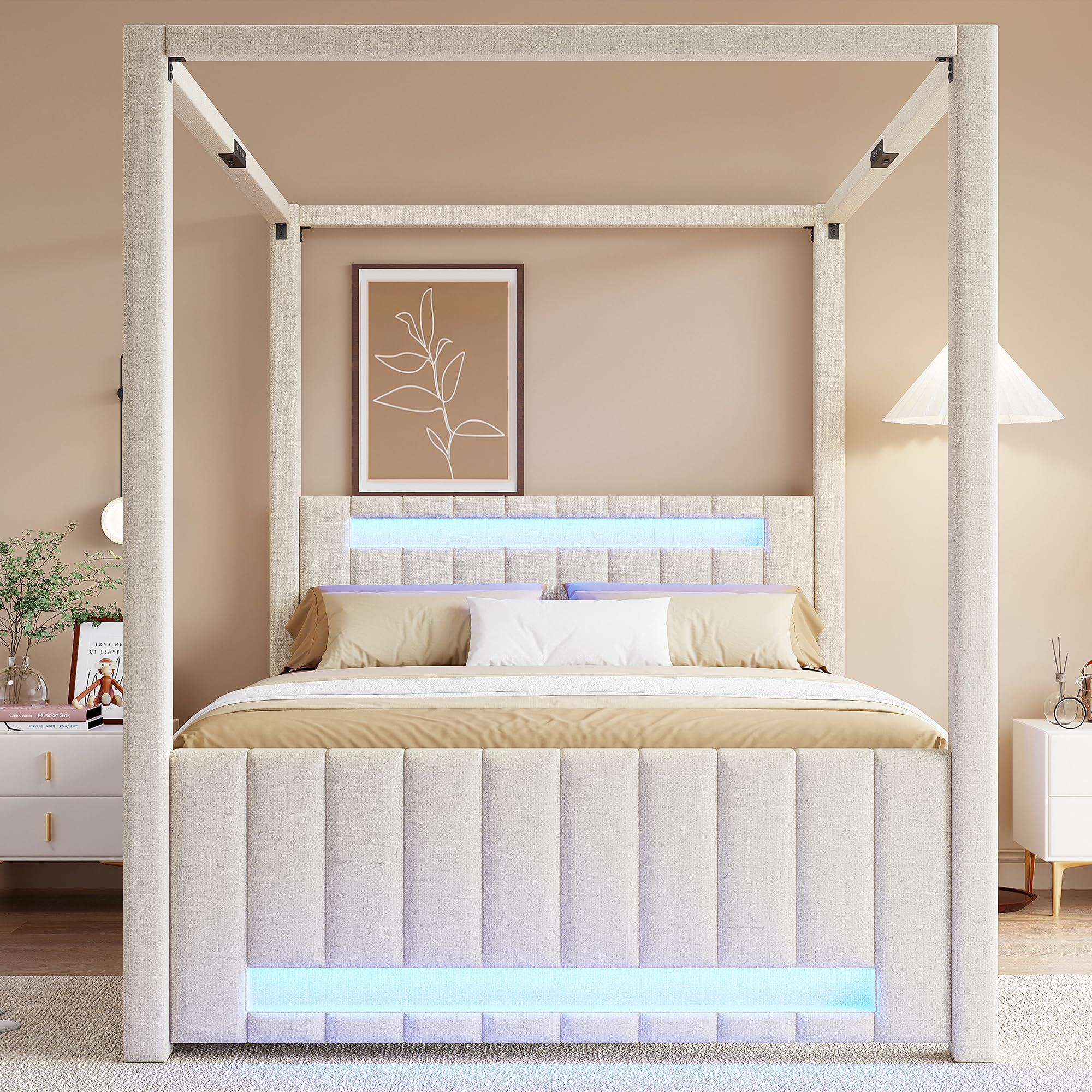 Generico Lit à baldaquin rembourré 140x200 cm avec lit gigogne et trois tiroirs, éclairage LED, beige (Beige)