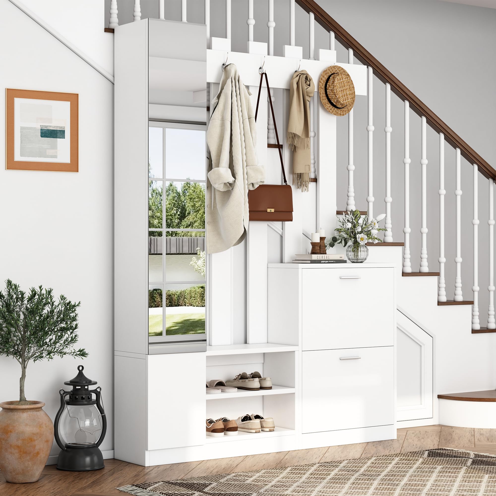 Garderobenset Wandgarderobe mit Klapptüren Schuhschränken und Spiegel, Weiß, 135x25x180 cm