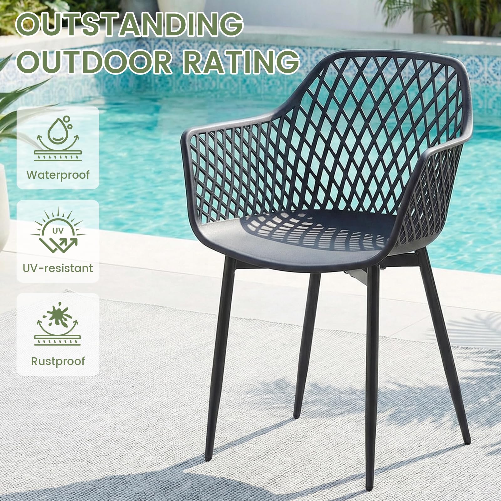 buybyroom Sillas Terraza Exterior, Juego de 6 Sillas Jardin Exterior con Reposabrazos, Patas de Metal y Respaldo de Plástico Ergonómico, para Jardín,Terraza,Balcón,Reuniones,Salón,Comedor,Negras