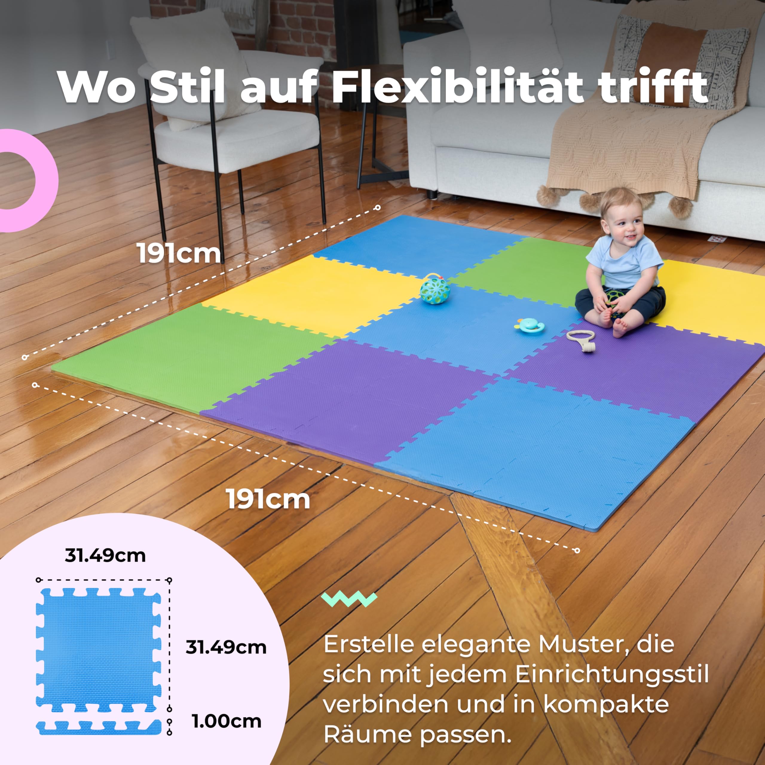 MioTetto Krabbelmatte Baby - Zertifiziert, Sicher, Robust - Spielmatte Baby, Puzzlematte, Kinderteppich - Stilvolle, Wasserfeste, Einfache Montage - Für Familien & Großeltern, 16/36 Fliesen