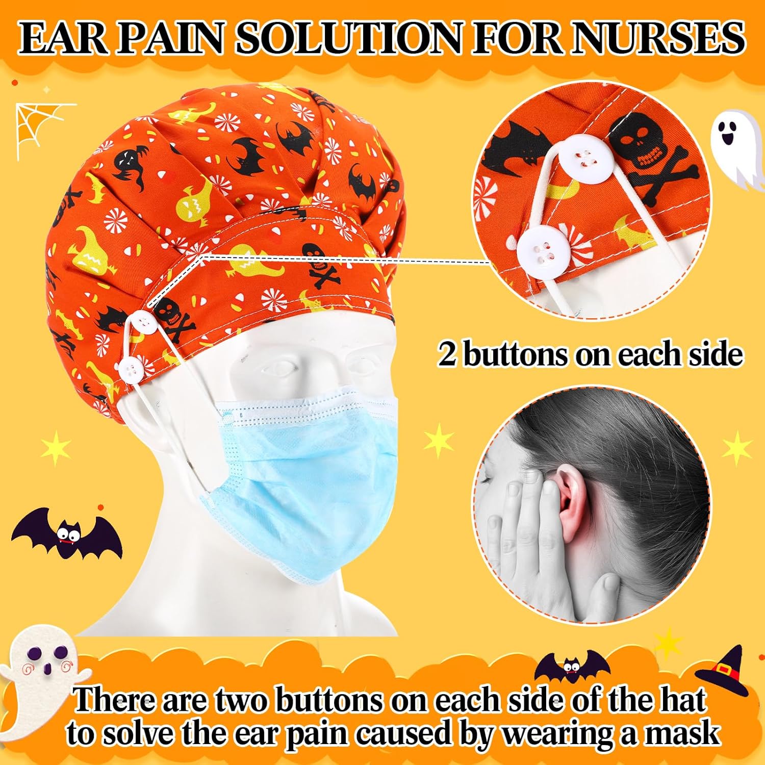 Valentines Satin Lined Scrub Caps Women Bouffant Nursing Hats with Button and Sweatband Adjustable Working Hat - Image 2