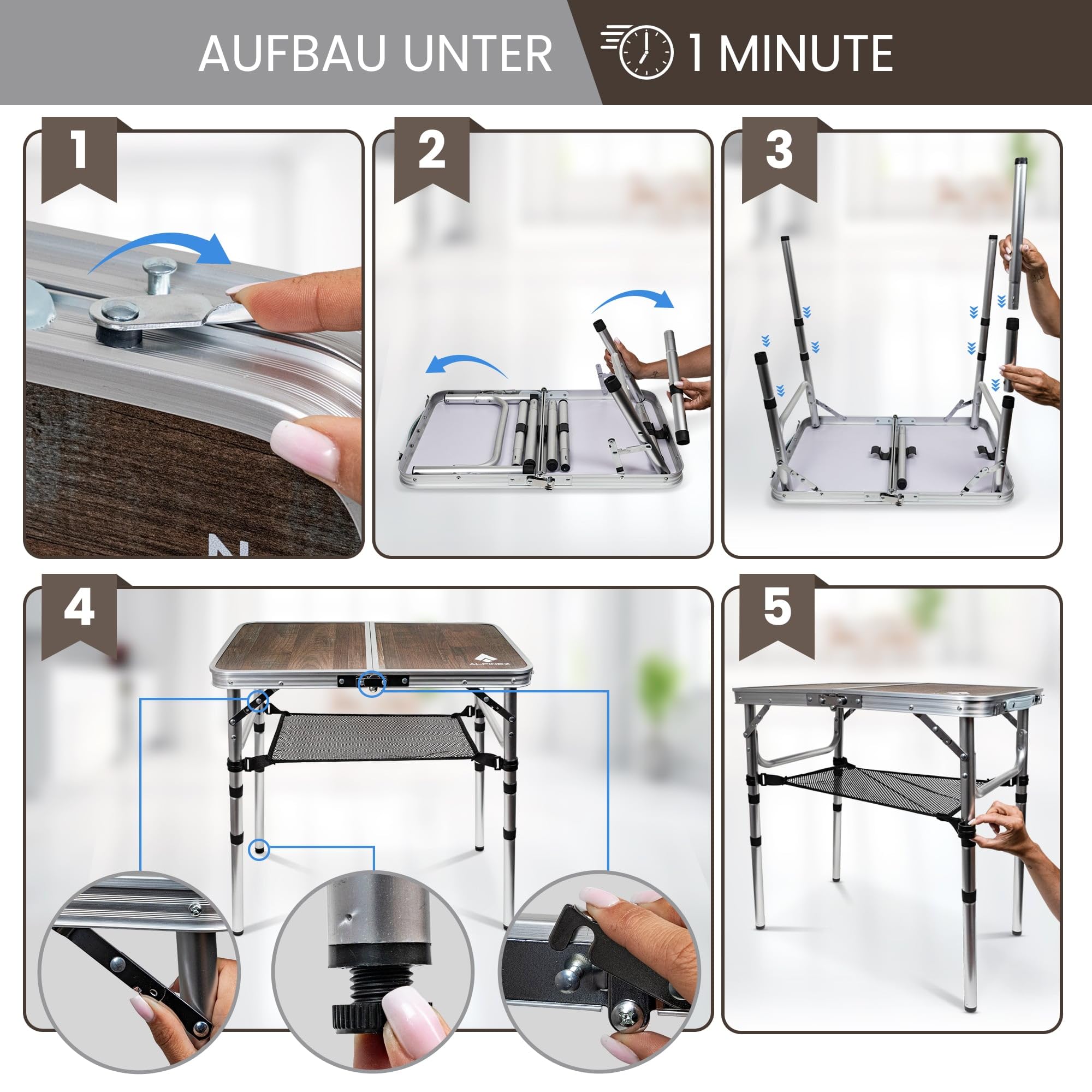 60x40 Campingtisch klappbar höhenverstellbar | Beistelltisch Outdoor Klapptisch Camping Tisch klein | Balkon Grilltisch Picknicktisch | Kompakt & Leicht