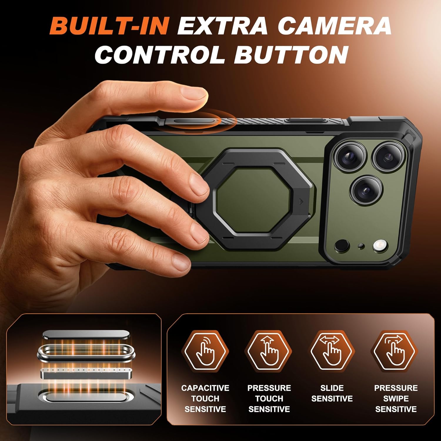 TONGATE for iPhone 17 Pro Case with 360° Spin Magnetic Stand, [Compatible with MagSafe][Military-Grade Protection] with Privacy Screen Protector & Camera Control Cover for iPhone 17 Pro, Green - Image 7