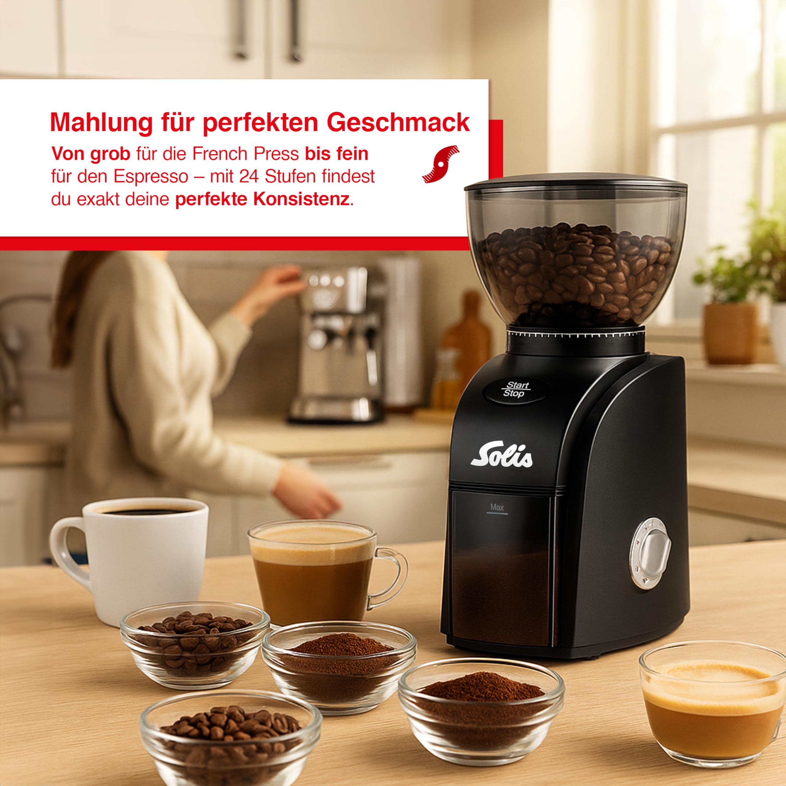Solis Scala Zero Static 1662 Elektrische Kaffeemühle - Coffee Grinder - Espressomühle mit 24 Mahlgradeinstellungen - Schutz Gegen Statischen Kaffee - Kaffeebohnenbehälter 300 Gramm - Schwarz