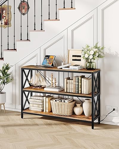 Miniatura 2 de Mesa consola de 47.2 pulgadas con estación de carga, mesa de entrada de 3 niveles, escritorio de sofá industrial, escritorio de pasillo con 2