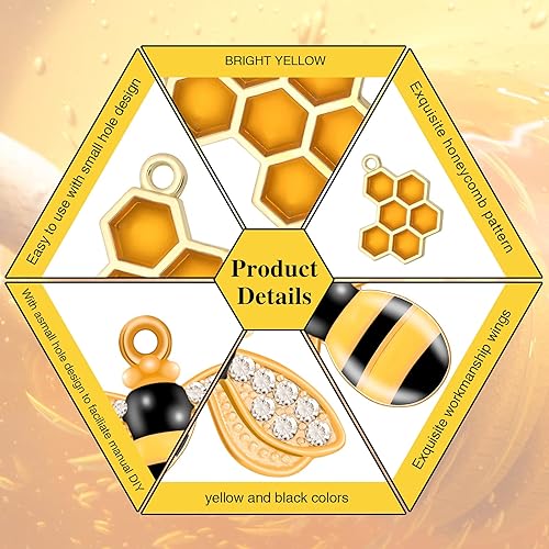 Miniatura 3 de BENBO Juego de 20 dijes de abeja esmaltados de aleación, colgantes de panal de abeja con diamantes de imitación, adornos con forma de abejorro con