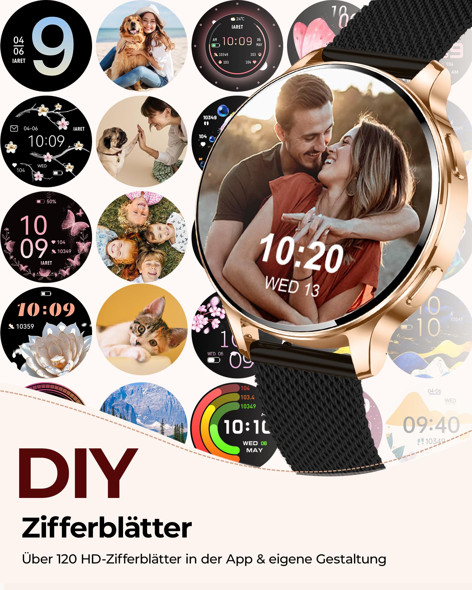 Iaret Smartwatch Damen Rund mit 3 Armbändern, 1,27" AMOLED Display, Telefonfunktion, 120+ Sportmodi, 24H SpO2/Puls, Schlafmonitor, Fitnessuhr für iOS Android, Schwarzgold - Geschenk für Frauen