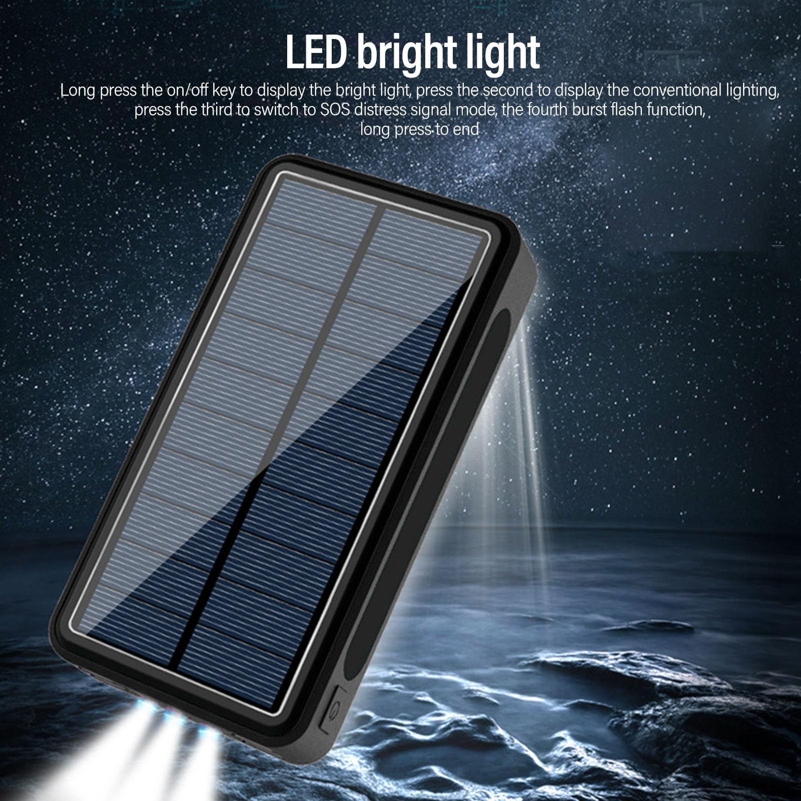 Chargeur Portable avec Banque D'énergie Solaire 50000mAh et Lumière LED pour Les Activités de Plein Air Randonnée en Alliage D'aluminium (Noire)