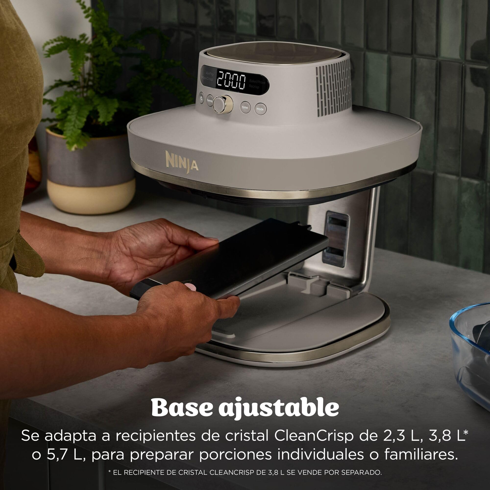 Ninja CRISPi PRO XL Freidora de aire, 5 funciones de cocción predefinidas, recipientes de cocción de cristal CleanCrisp de 5,7 y 2,3 l y tapas para almacenamiento, Dorado piedra AS090EUSD