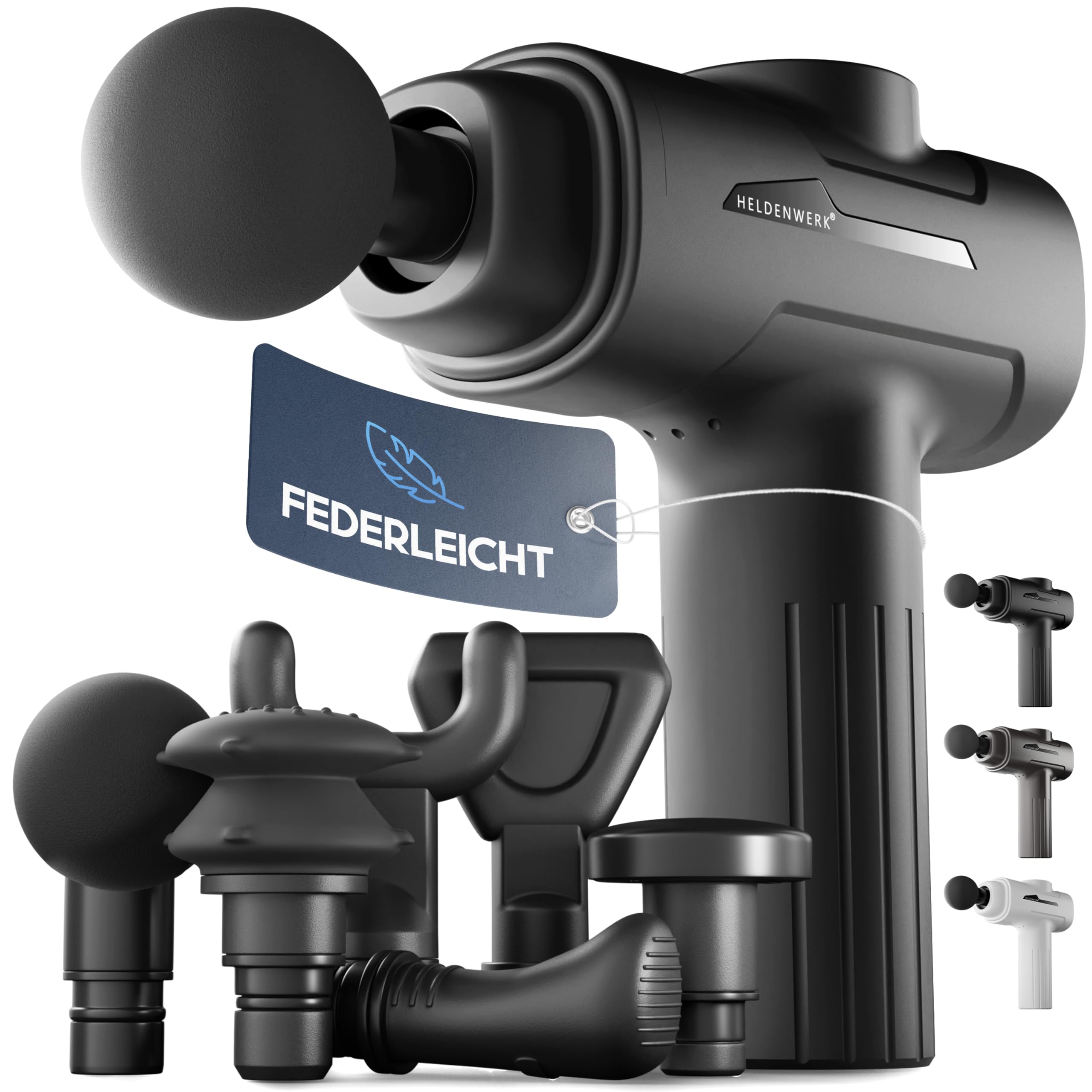 HELDENWERK Pistolet de massage avec 6 têtes de massage et 3200 tr/min I Pistolet de massage musculaire avec connecteur USB-C I Appareil de massage musculaire (gris)