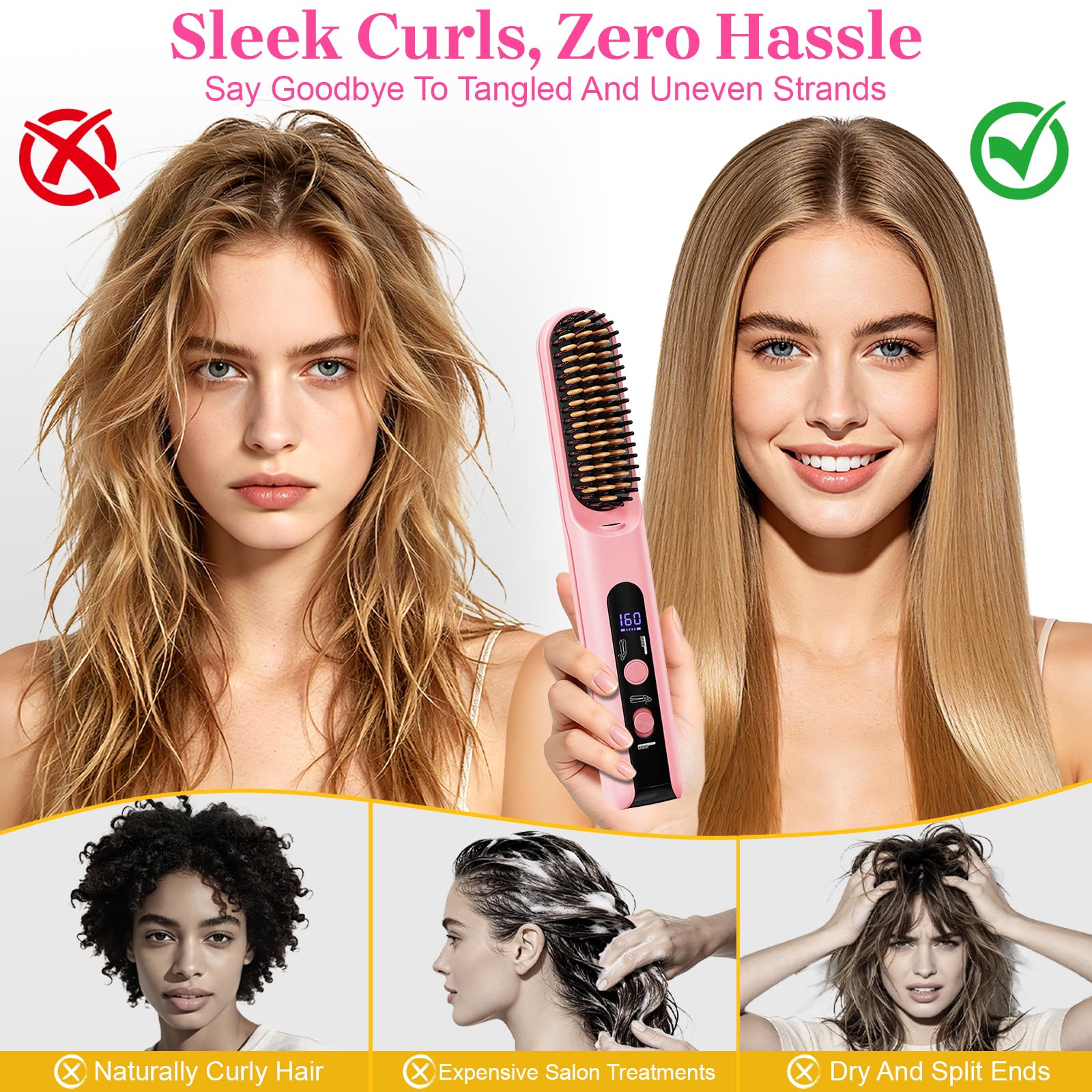 Peine de viaje portátil con calefacción para mujer, cepillo alisador inalámbrico 2 en 1 para alisar y rizar el cabello corto, 4 niveles de temperatura, mini herramientas compactas de peinado para
