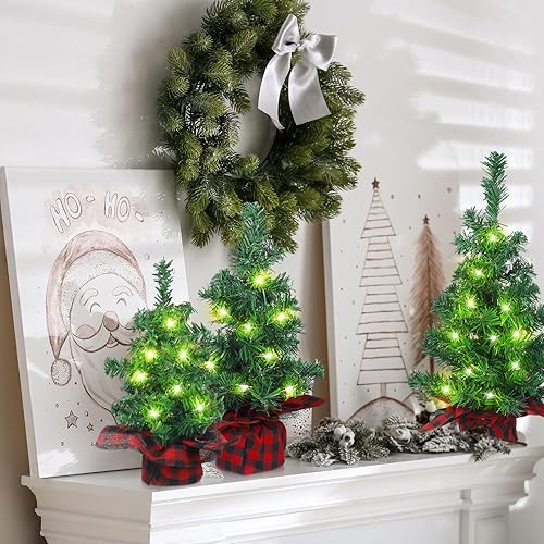 Miniatura 4 de Yinder Paquete de 6 mini árbol de Navidad de mesa con 6 tiras de luces, 81215.75 pulgadas, pino artificial con base a cuadros de búfalo, decoración