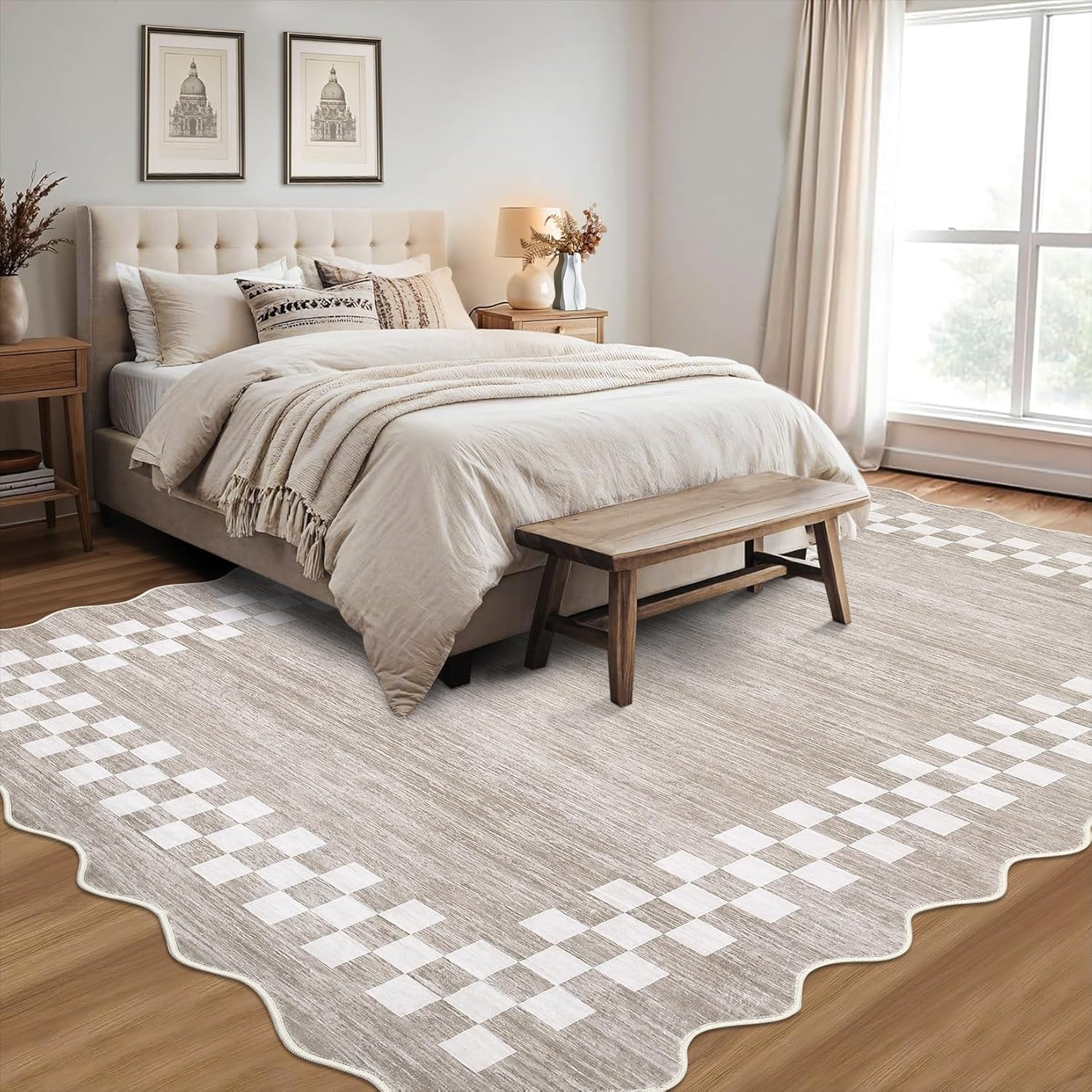 garveehome 8x10 area rug for living room scalloped washable large bedroom rug non slip stain resistant modern border dining room throw carpet scalloped boho rug for home decor office nursery, fog scalloped fog/ivory 8' x 10' (rectangular)