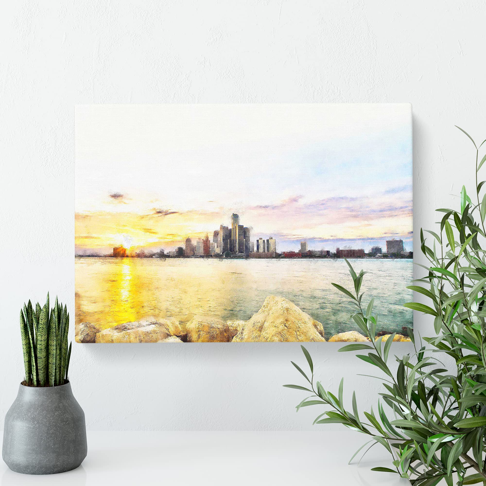Sunrise Over The Detroit Skyline Canvas Print, Mixed, 25L x 50W cm - Image 2