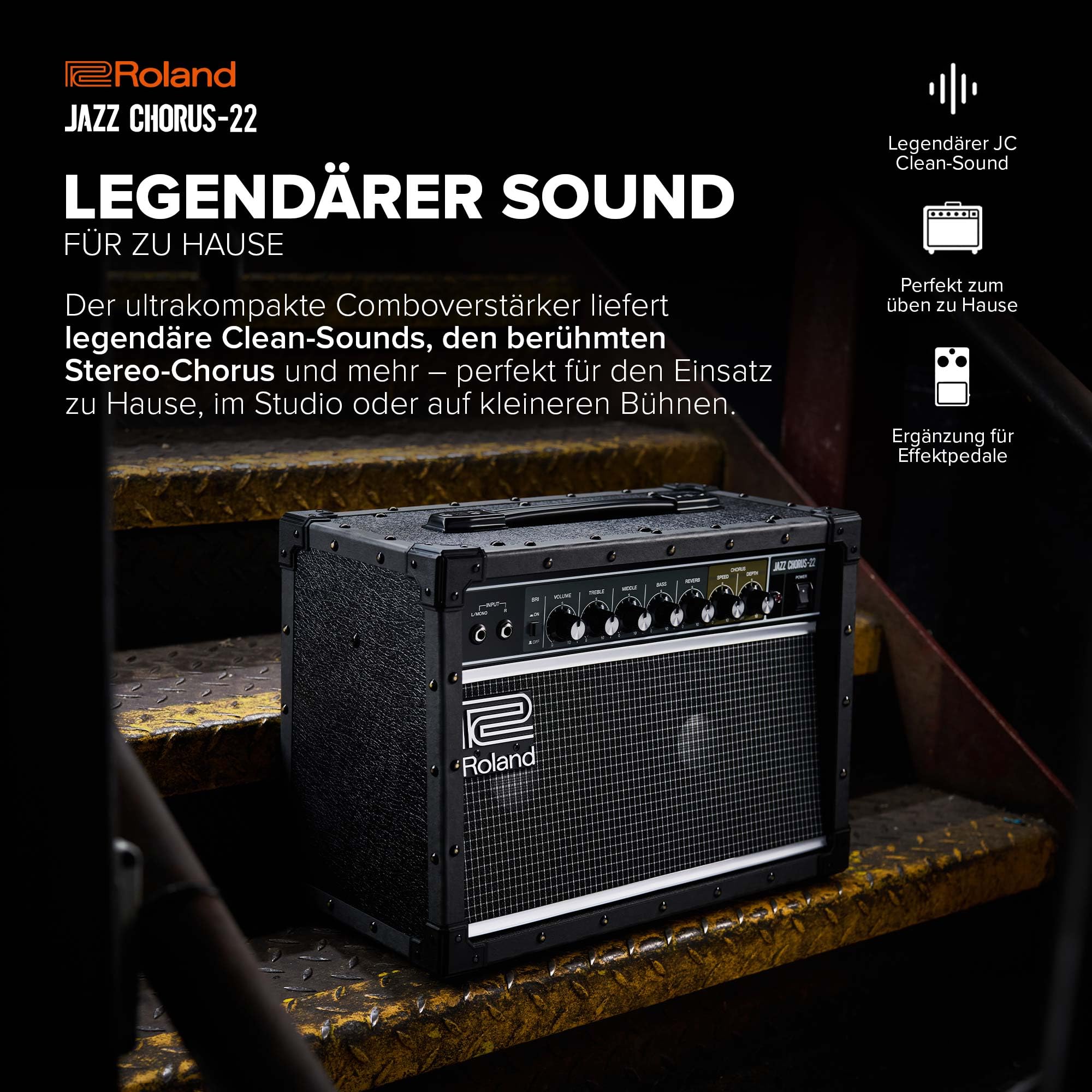 Roland JC-22 Jazz Chorus | Ultrakompakter Gitarrenverstärker | Legendärer JC Clean-Sound | Einzigartiger Chorus-Effekt | Leistungsstarker 30 Watt Stereoverstärker | Zwei 6,5” Lautsprecher