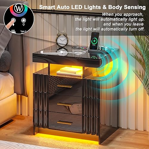 Miniatura 4 de HNEBC Mesita de noche LED, mesita de noche negra con estación de carga, USB + tipo C + carga inalámbrica, mesita de noche inteligente con sensor