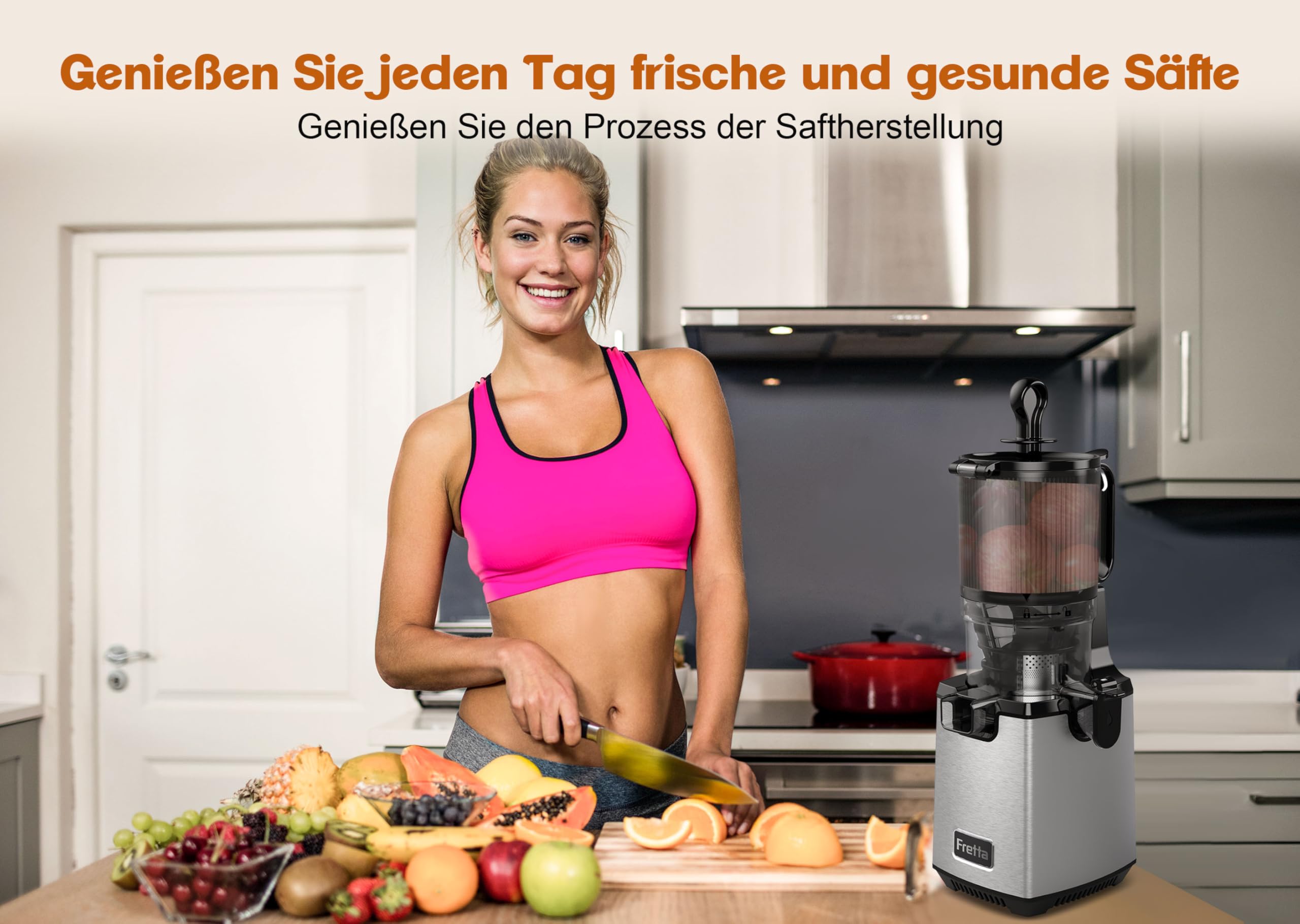Fretta Entsafter Slow Juicer Machine, Entsafter Gemüse und Obst Testsieger | BPA Frei, 250W, Edelstahl, 135mm Öffnung, Ganze Früchte, Leicht zu Reinigen, Leiser, Umkehrfunktion, Hohe Saftausbeute