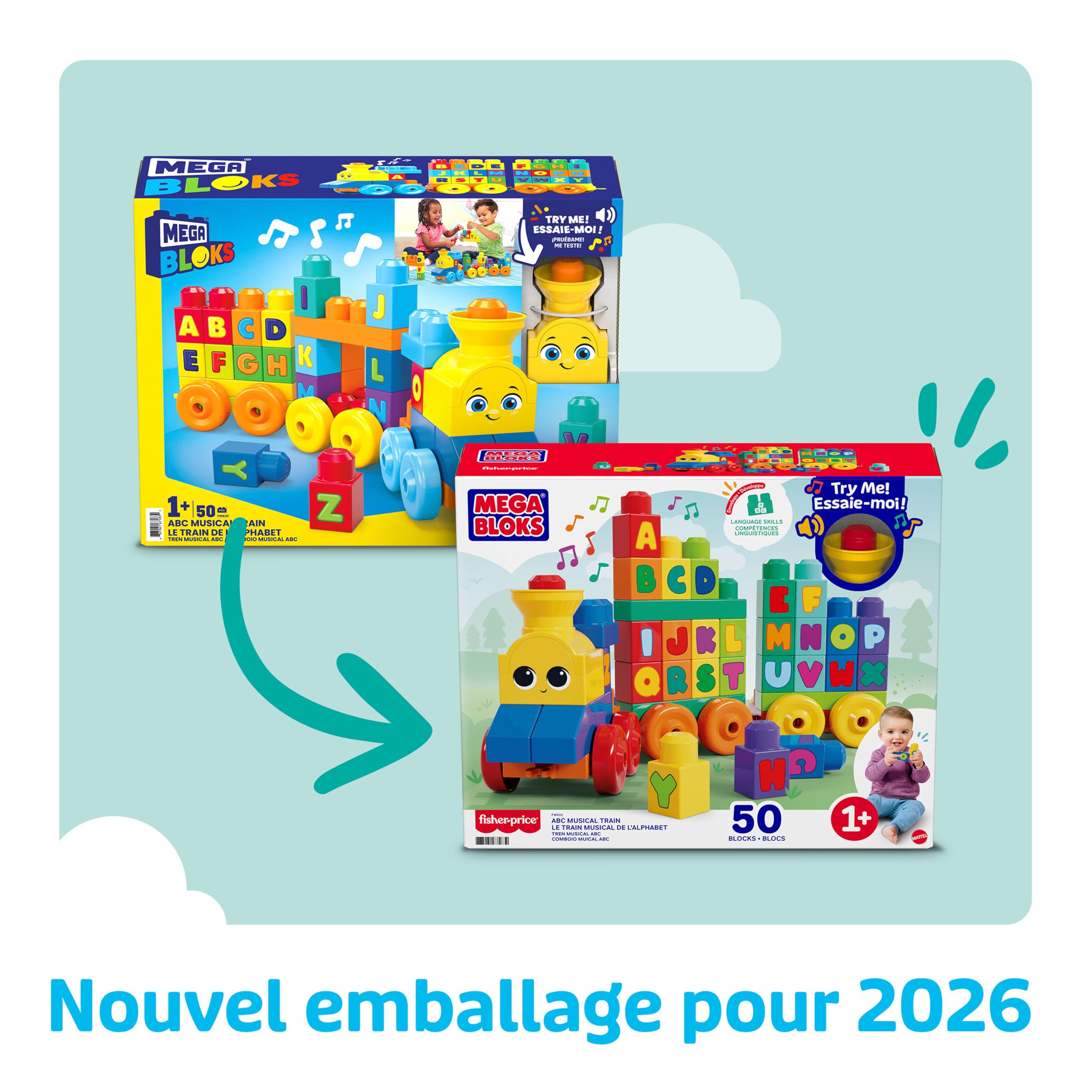MEGA Bloks Le Train de L'Alphabet, jeu de blocs de construction 50 pièces FWK22