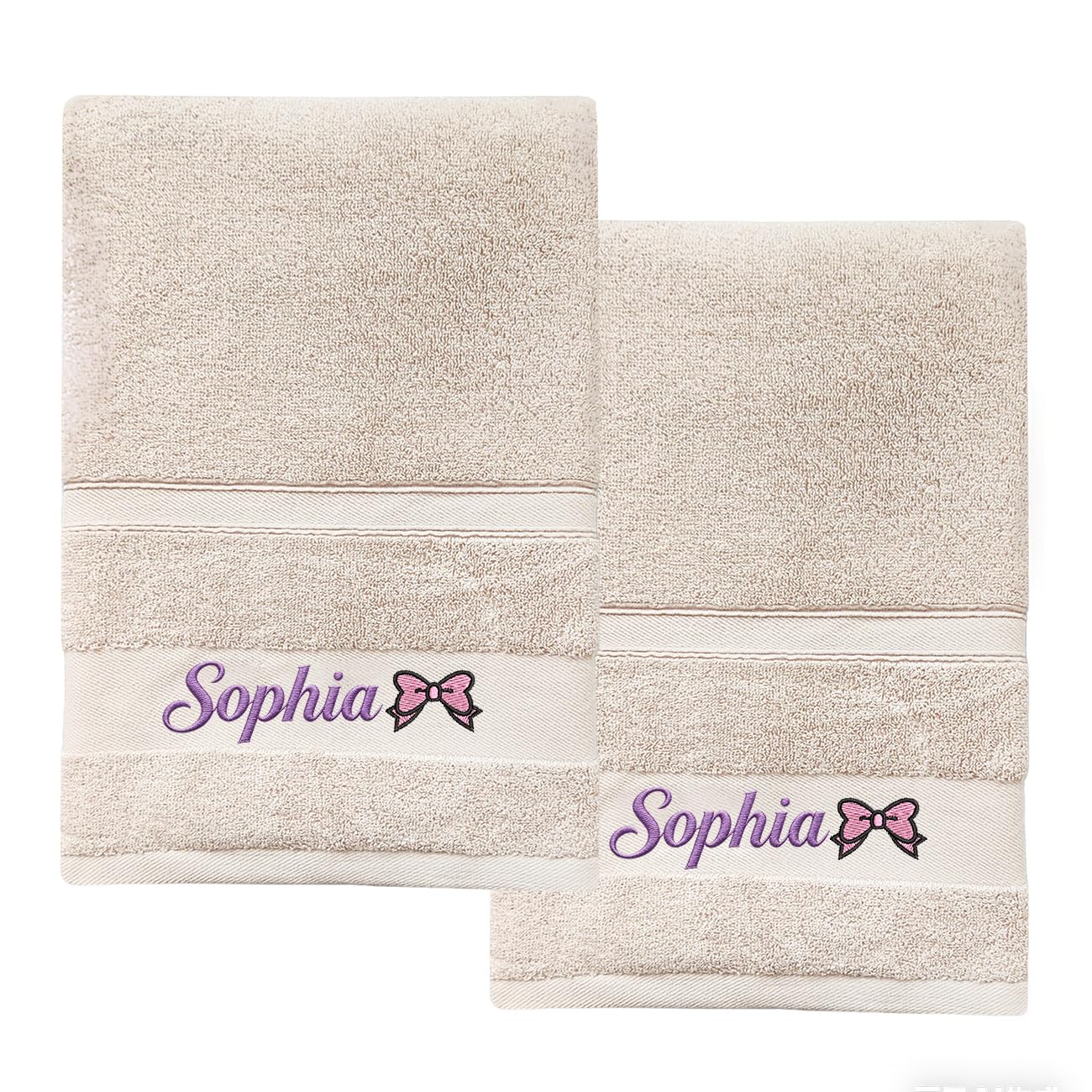 SWETHT 2-Piece Personalised Embroidered Hand Towel with Custom Name,Monogrammed Towel Gift for Baby, Kids & Adults | Unique Wedding, Birthday Gift Idea 100% Cotton (Beige, 2PCS Hand Towel(35cmx75cm)) — image 1