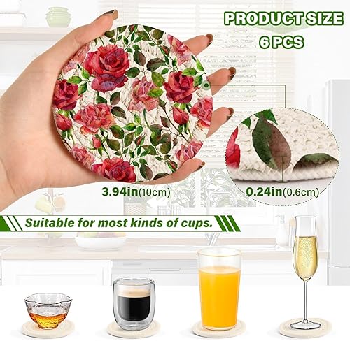 Miniatura 3 de Juego de 6 posavasos de acuarela con rosas rojas para bebidas, juego de 6 posavasos tejidos absorbentes para regalo de inauguración de la casa, mesa