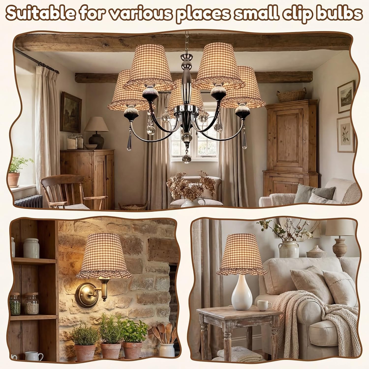 Gerrii 6 Pack Ruffle Gingham Lamp Shades Set 6'' x 5.1'' Chandelier Lamp Shade Farmhouse Rustic Gingham Clip Chandelier Light Cover for Home Decor Candelabra Bulbs(Brown)