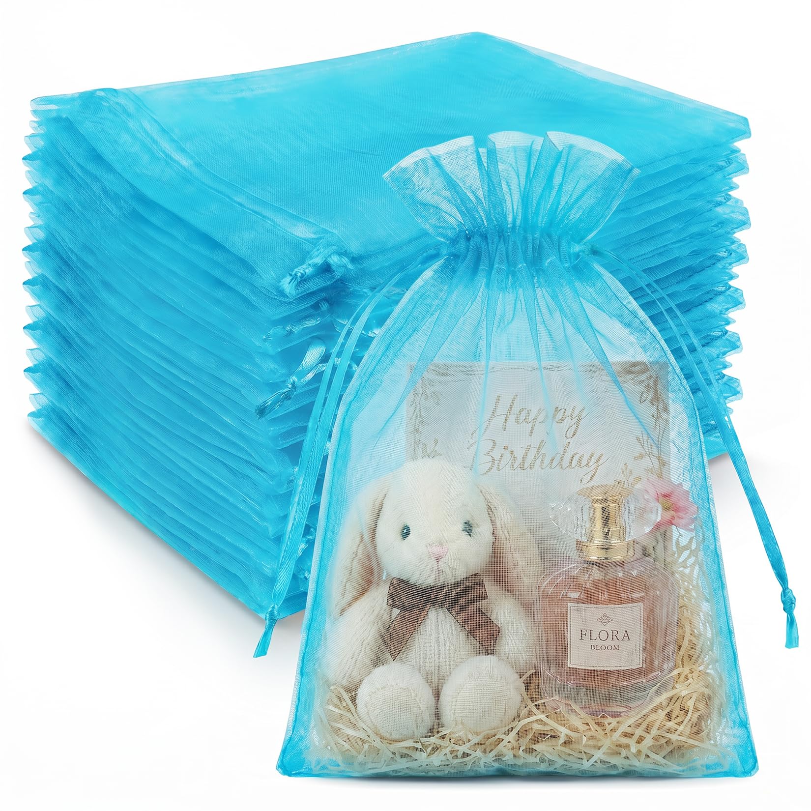 Crweety 50Pcs Large Organza Bags 8x12, Lake Blue Small Gift Bags Drawstring