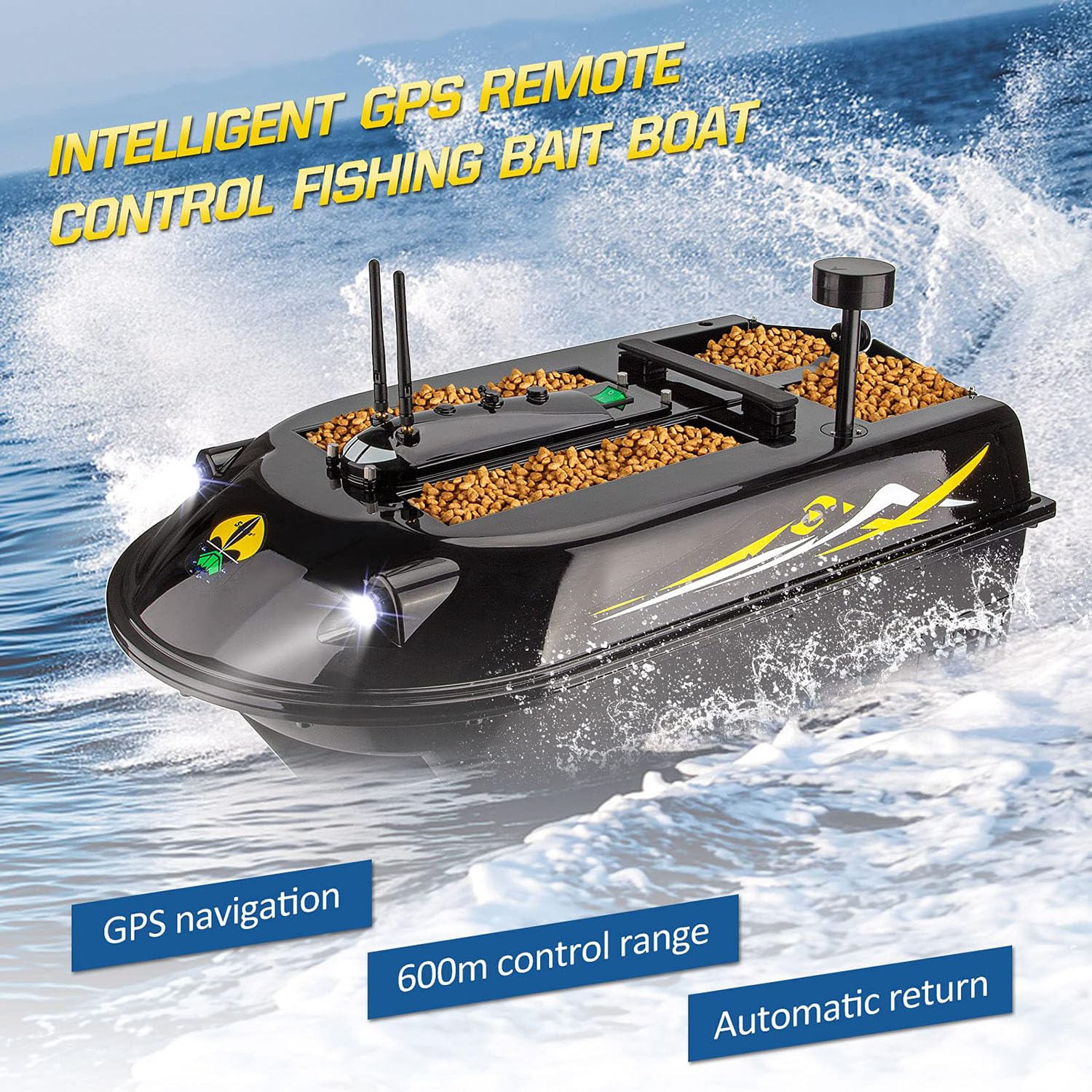 Fishfinder visivo per barca da pesca con esca GPS 2 in 1, barca da pesca RC automatica da 600 m con 4 contenitori per esche e carico massimo 8 kg, barca con esca marittima con crociera automatica e