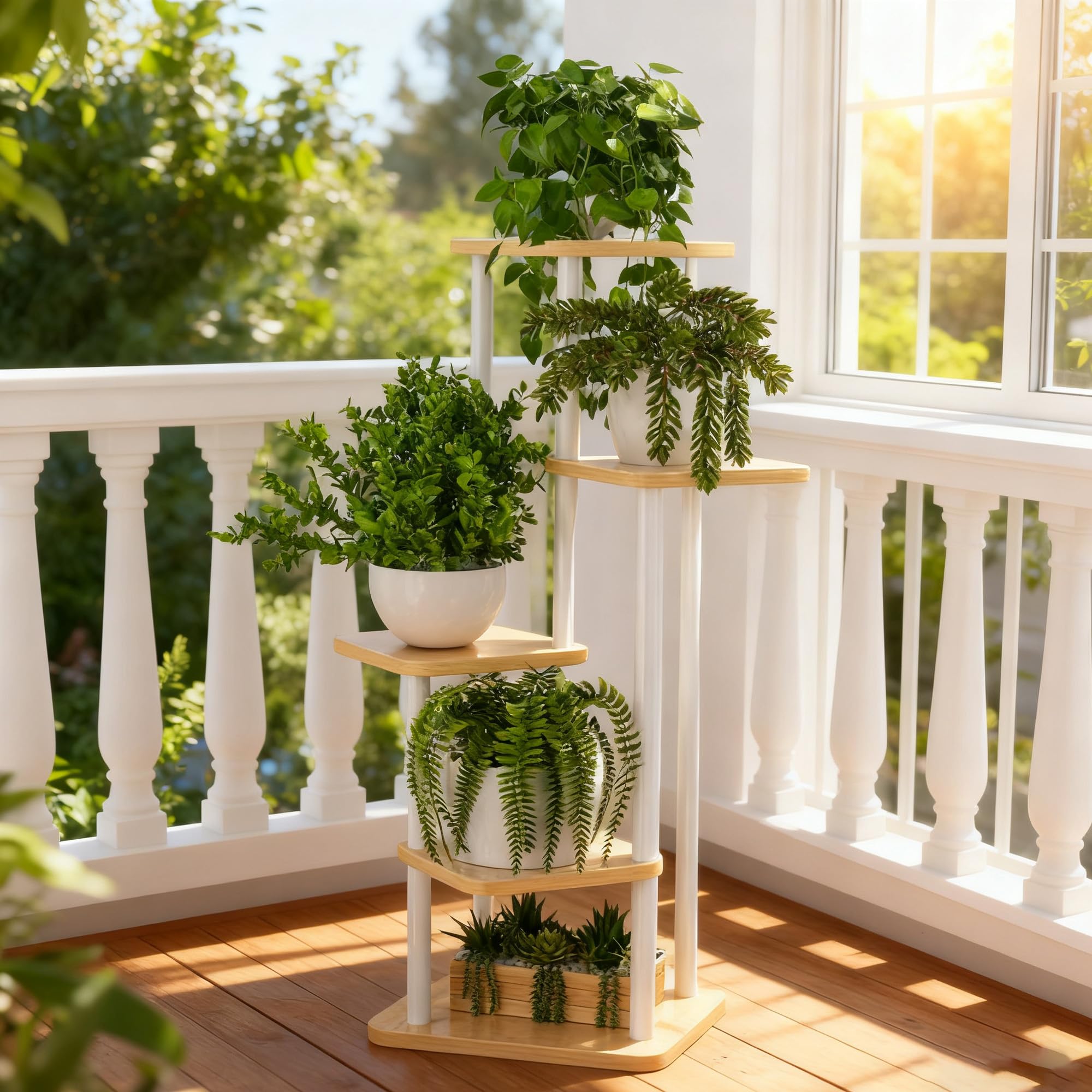 Étagère d'angle en Bois et Métal à 5 Niveaux pour Plantes, Support Plantes Interieur, Étagère à Fleurs d'angle pour Intérieur et Extérieur, pour Plantes, pour Balcon, Jardin, Blanc