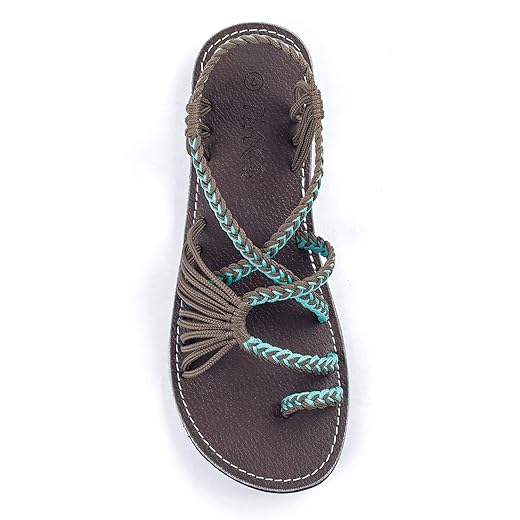 Plaka Palm Leaf Flat Summer Sandals for Women | Perfect for The Beach Walking & Dressy Occasions | Turquoise Gray | Size 9