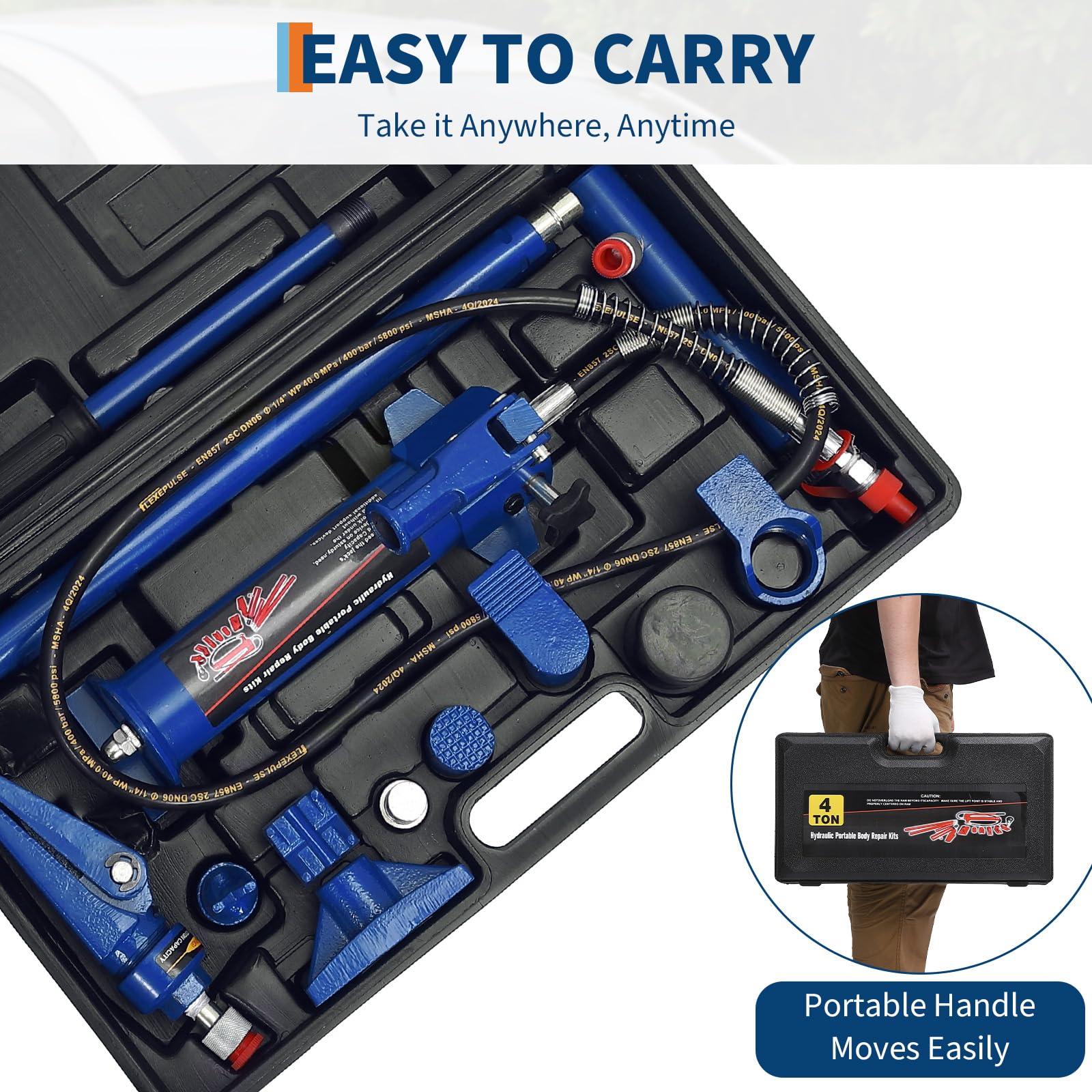 Porta Power Hydraulikheber 4t – Schwerlast Karosserie-Richtwerkzeug mit 1,4m Ölschlauch & Pumpe – Für Auto-, LKW- & Landmaschinenreparatur – Mit Kunststoffbox, Blau, 4 Ton | Plastic Tote